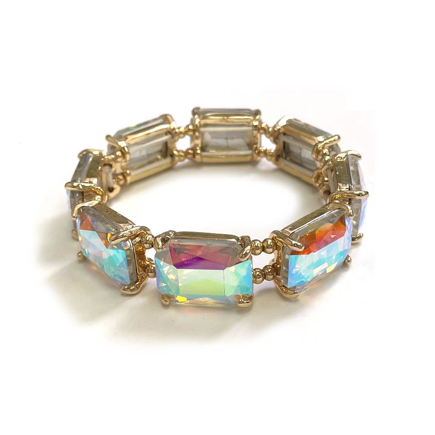 Rectangular Glass Crystal Linked Stretch Bracelet: NEON-FUCHSIA