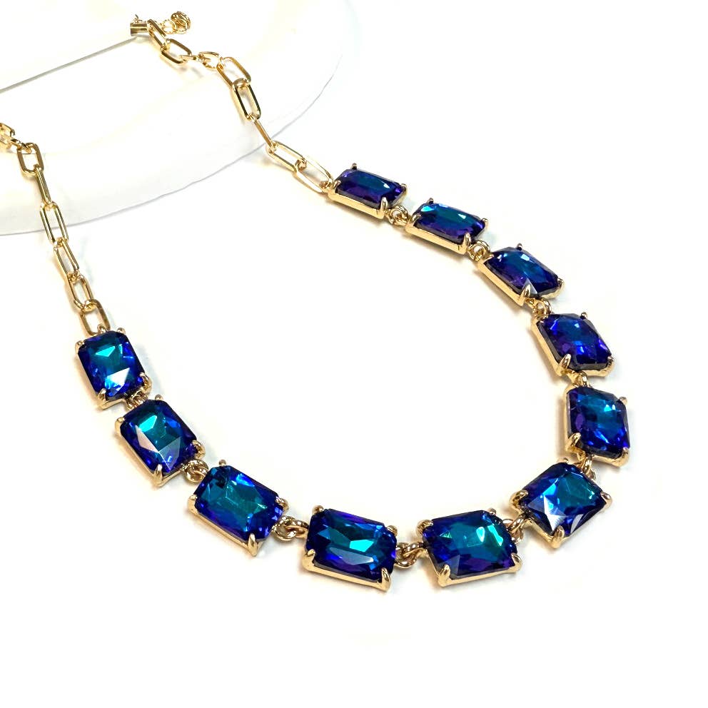 Rectangle Crystal Glass Linked Statement Chain Necklace : Neon Multi