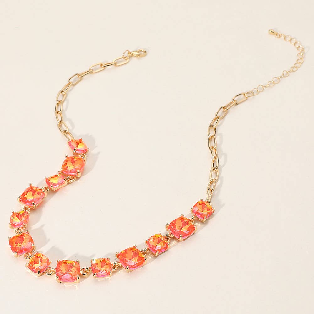Cushion Square Stone Link Evening Necklace: AB,Blue