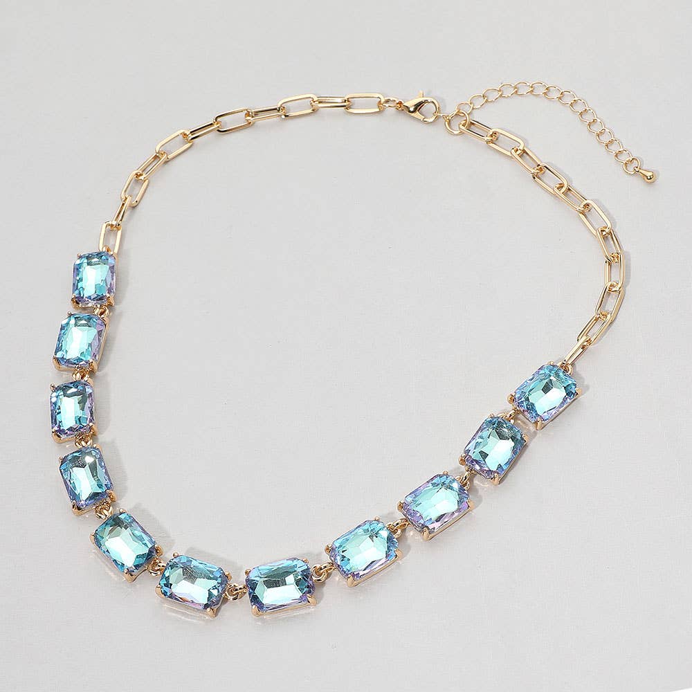 Cushion Rectangular Stone Cluster Link Evening Necklace: AB,Lavender