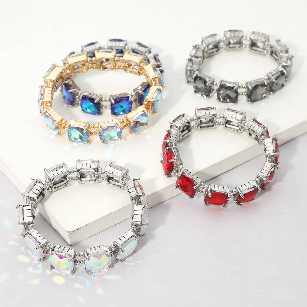 Cushion Square Stone Stretch Evening Bracelet: AB Antique Silver