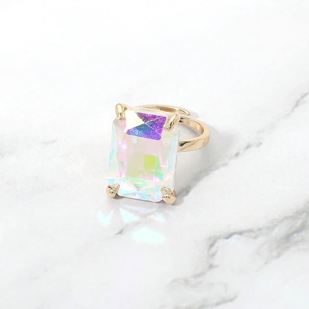 Bold Emerald Cut Stone Cluster Accent Adjustable Ring: AB,Blue