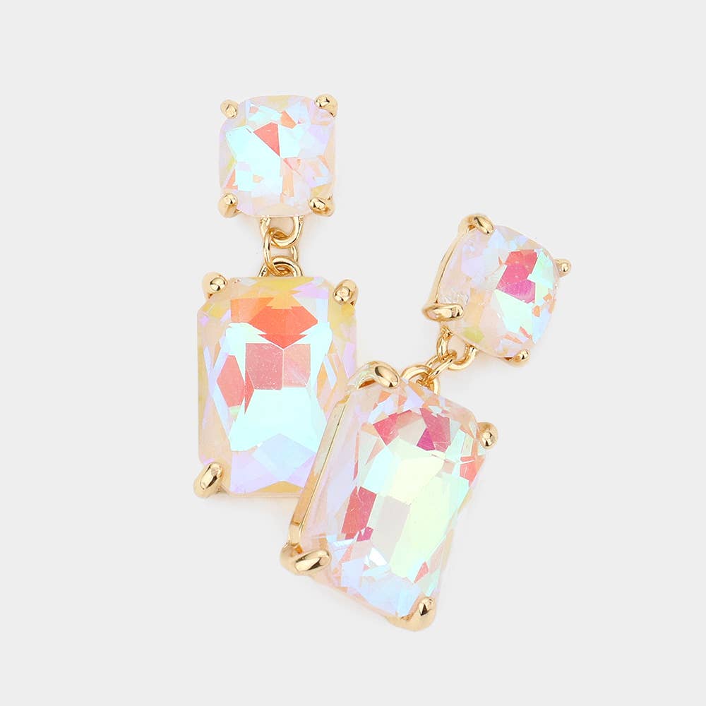 Square Rectangle Glass Stone Link Dangle Evening Earrings: PBU