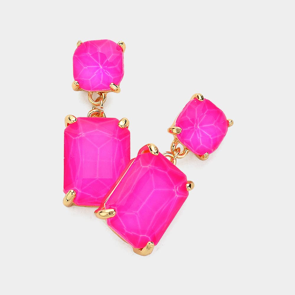Square Rectangle Glass Stone Link Dangle Evening Earrings: PBU