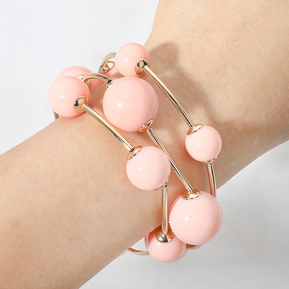 3PCS - Resin Ball Metal Bar Beaded Stretch Stackable Multi Layered Bracelets: Gold,Lavender