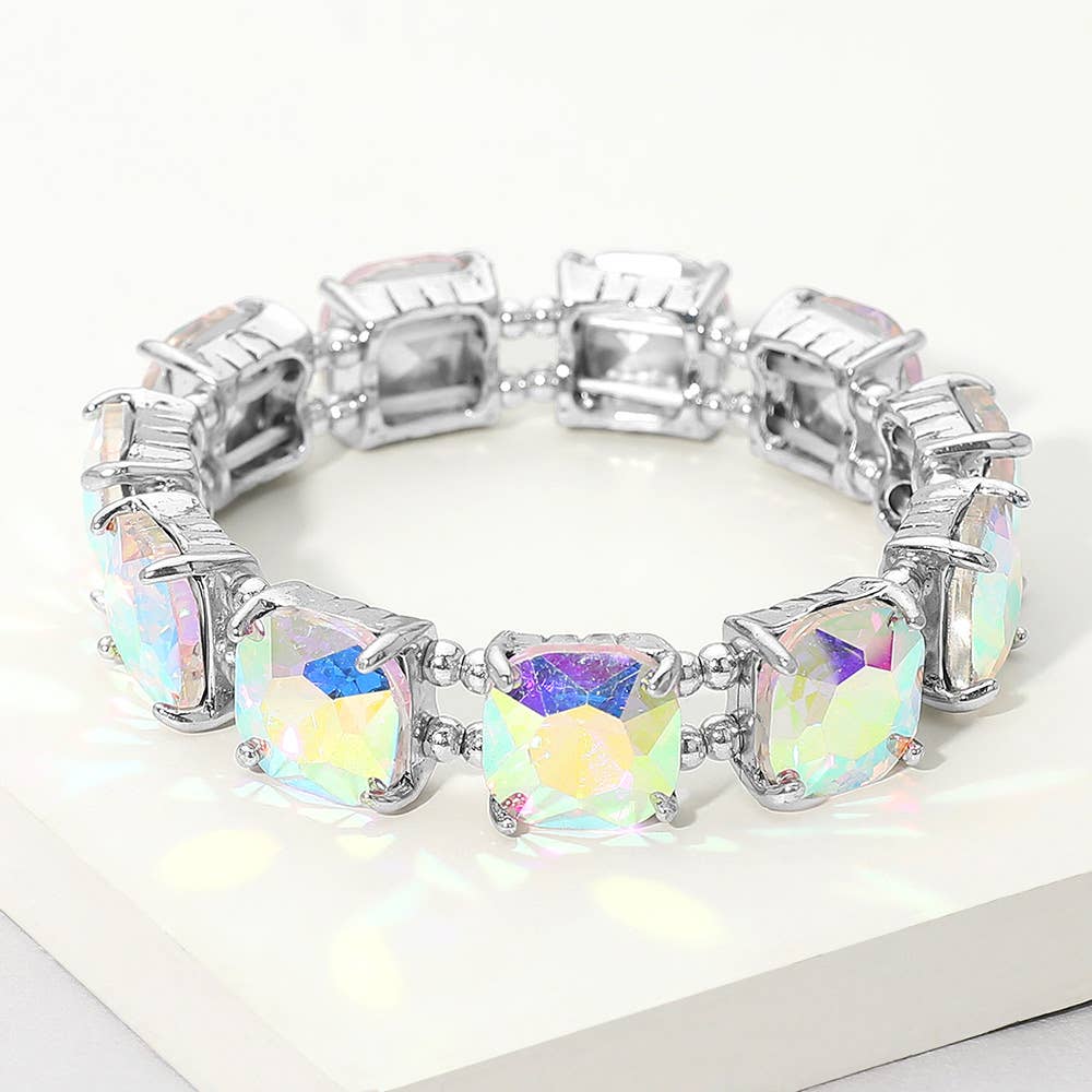 Cushion Square Stone Stretch Evening Bracelet: AB Antique Silver