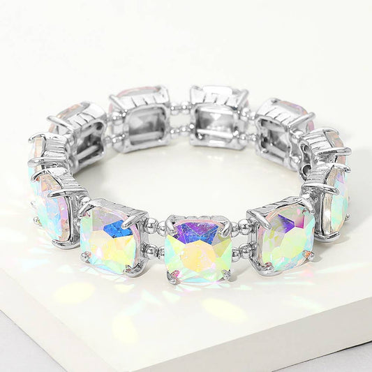 Cushion Square Stone Stretch Evening Bracelet: AB Antique Silver