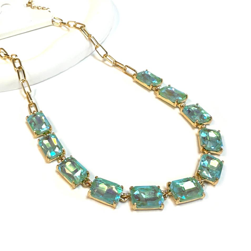 Rectangle Crystal Glass Linked Statement Chain Necklace : Neon Multi