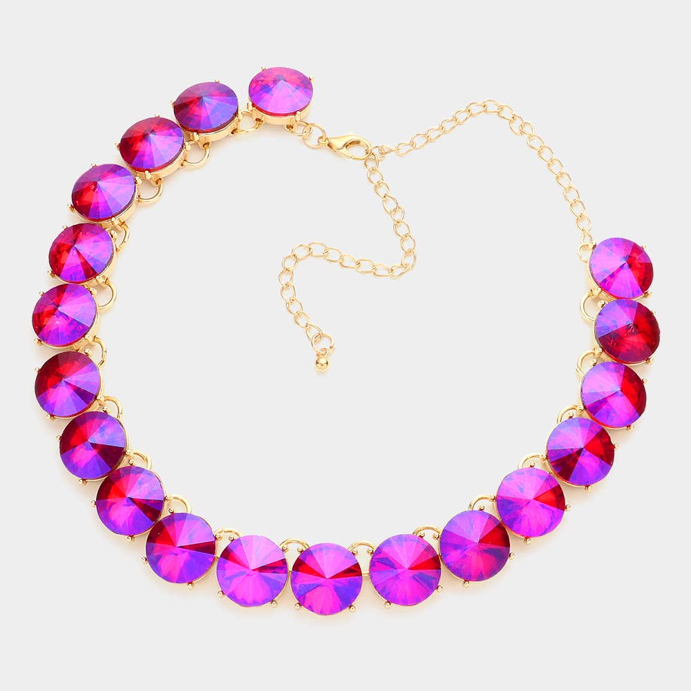 Round Stone Link Evening Necklace: AB,Silver