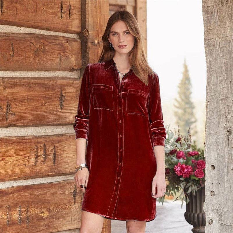 Casual Velvet Solid Color Shirt Dress: Malachite Blue / XL