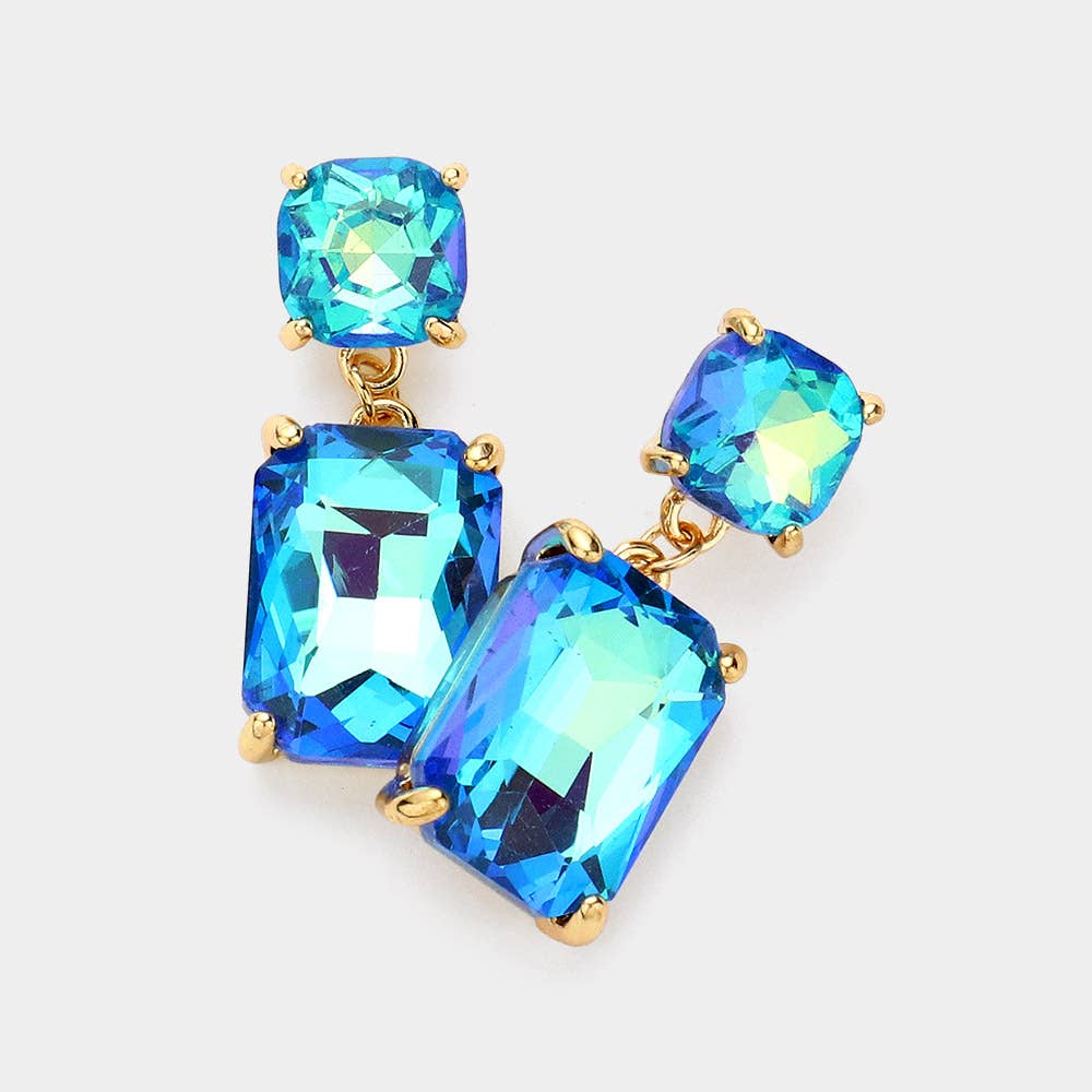 Square Rectangle Glass Stone Link Dangle Evening Earrings: LP-AB