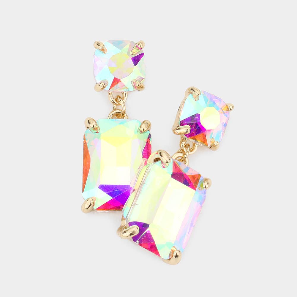 Square Rectangle Glass Stone Link Dangle Evening Earrings: G-MT-AB