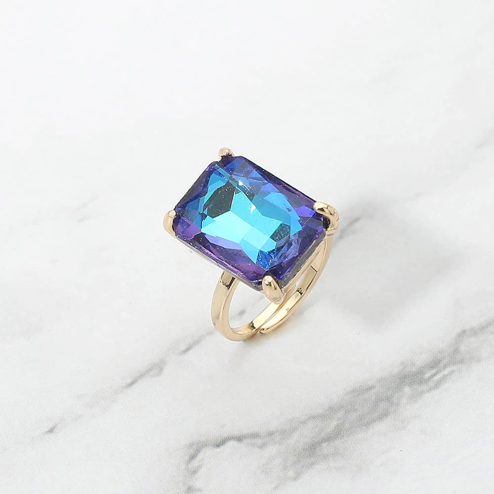 Bold Emerald Cut Stone Cluster Accent Adjustable Ring: AB,Blue