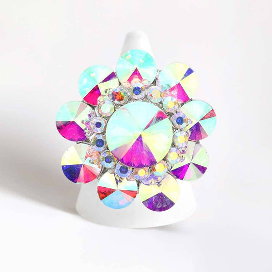 Round Crystal Flower Stretch Ring: AB,Silver