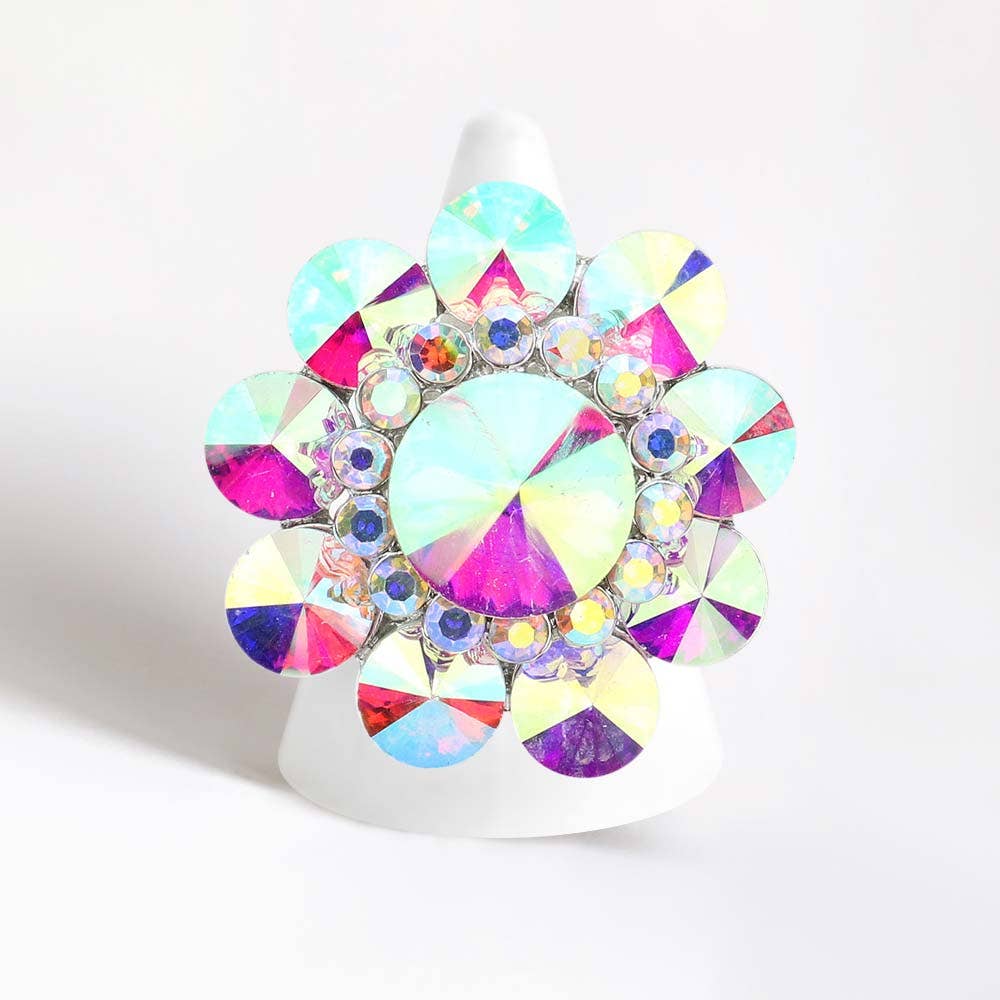 Round Crystal Flower Stretch Ring: AB,Gold