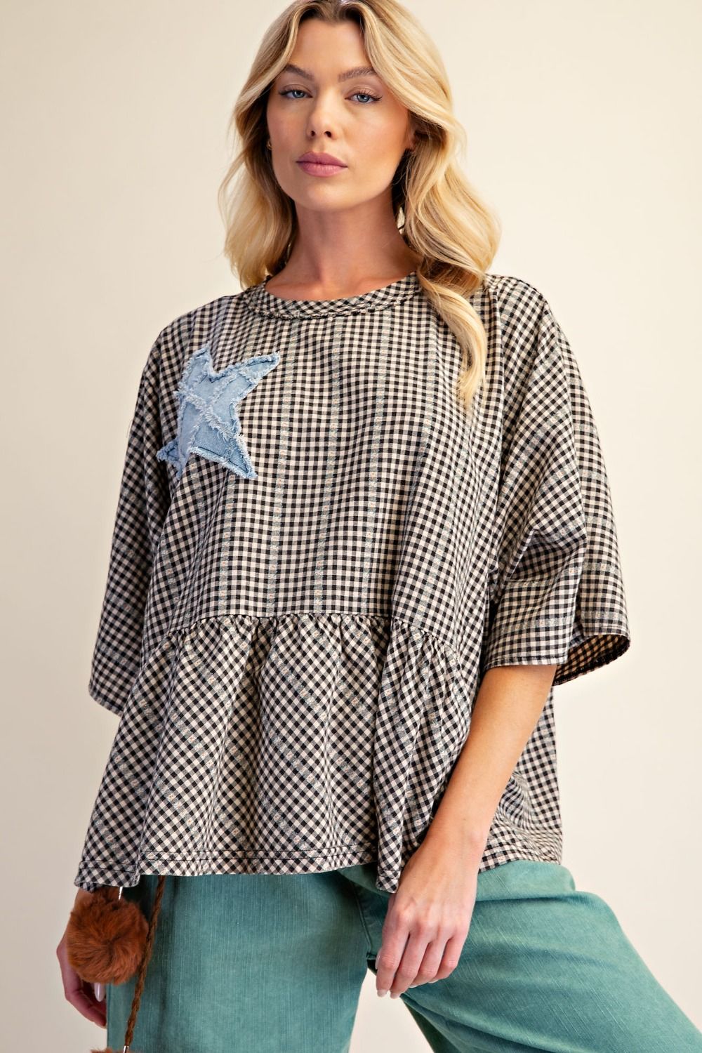 STAR PATCH WASHED PLAID TOP
