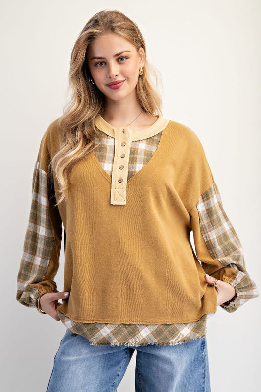 FLANNEL PLAID HENLEY TOP