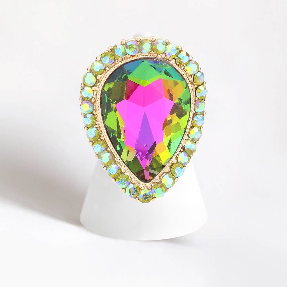 Crystal rhinestone teardrop stretch cocktail ring: Rhodium