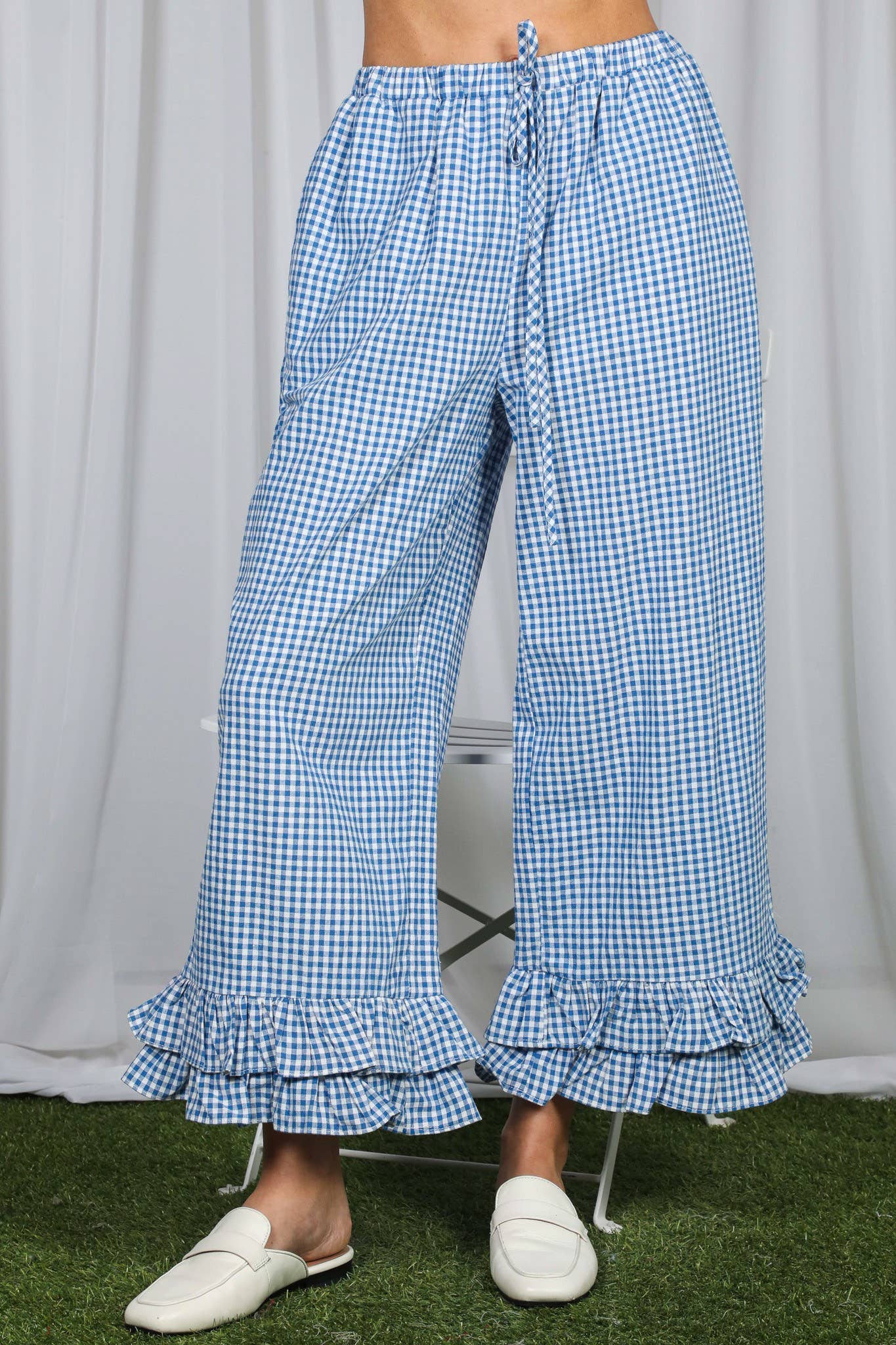 Gingham Casual Ruffled Hem 100%Cotton Cropped Pants VP83379A: Red / S