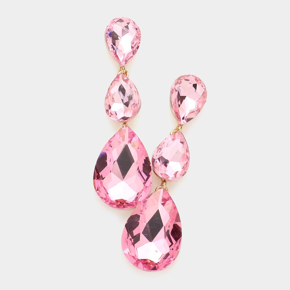 Triple Glass Crystal Teardrop Evening Earrings: Pink