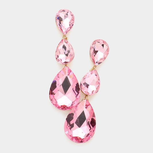 Triple Glass Crystal Teardrop Evening Earrings: Pink