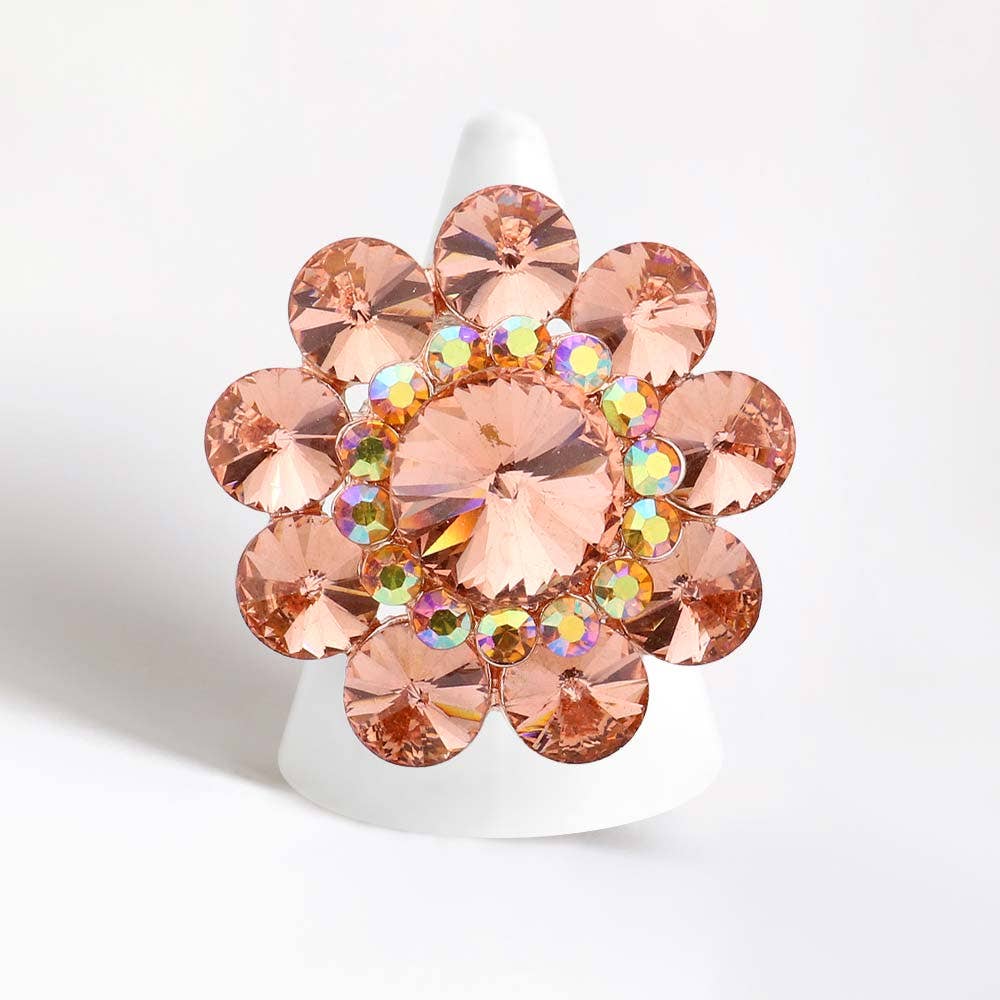 Round Crystal Flower Stretch Ring: AB,Silver