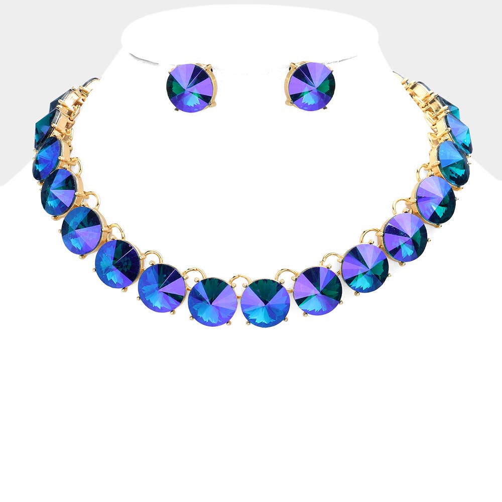 Round Stone Link Evening Necklace: AB,Silver