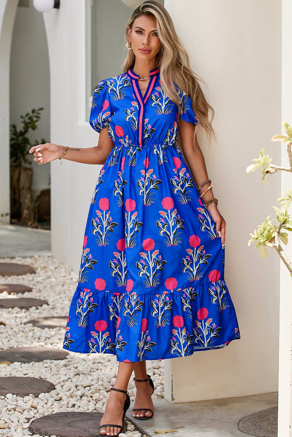 LDC Floral Puff Short Sleeve V Neck High Waist Maxi Dress: White / S