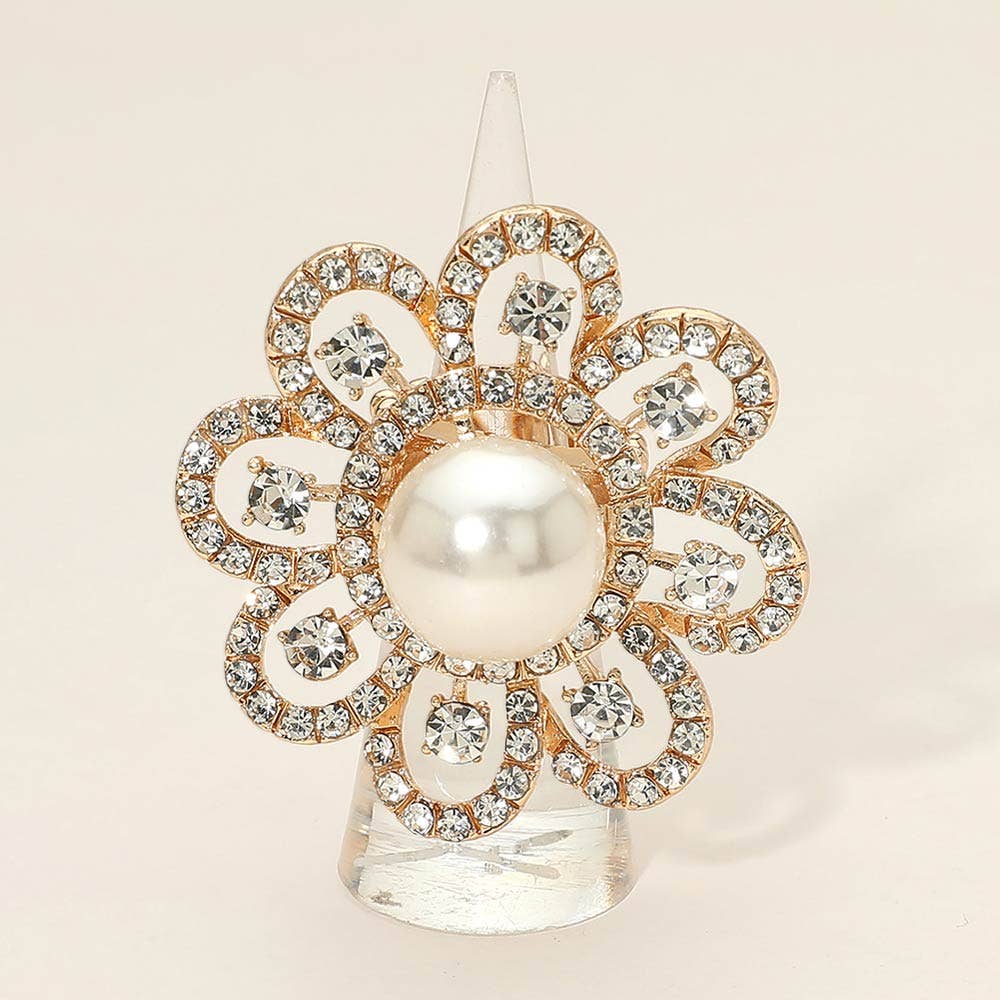 Floral Stone Accent Stretch Statement Ring: AB,Gold
