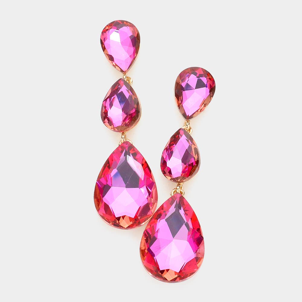 Triple Glass Crystal Teardrop Evening Earrings: Vitrail