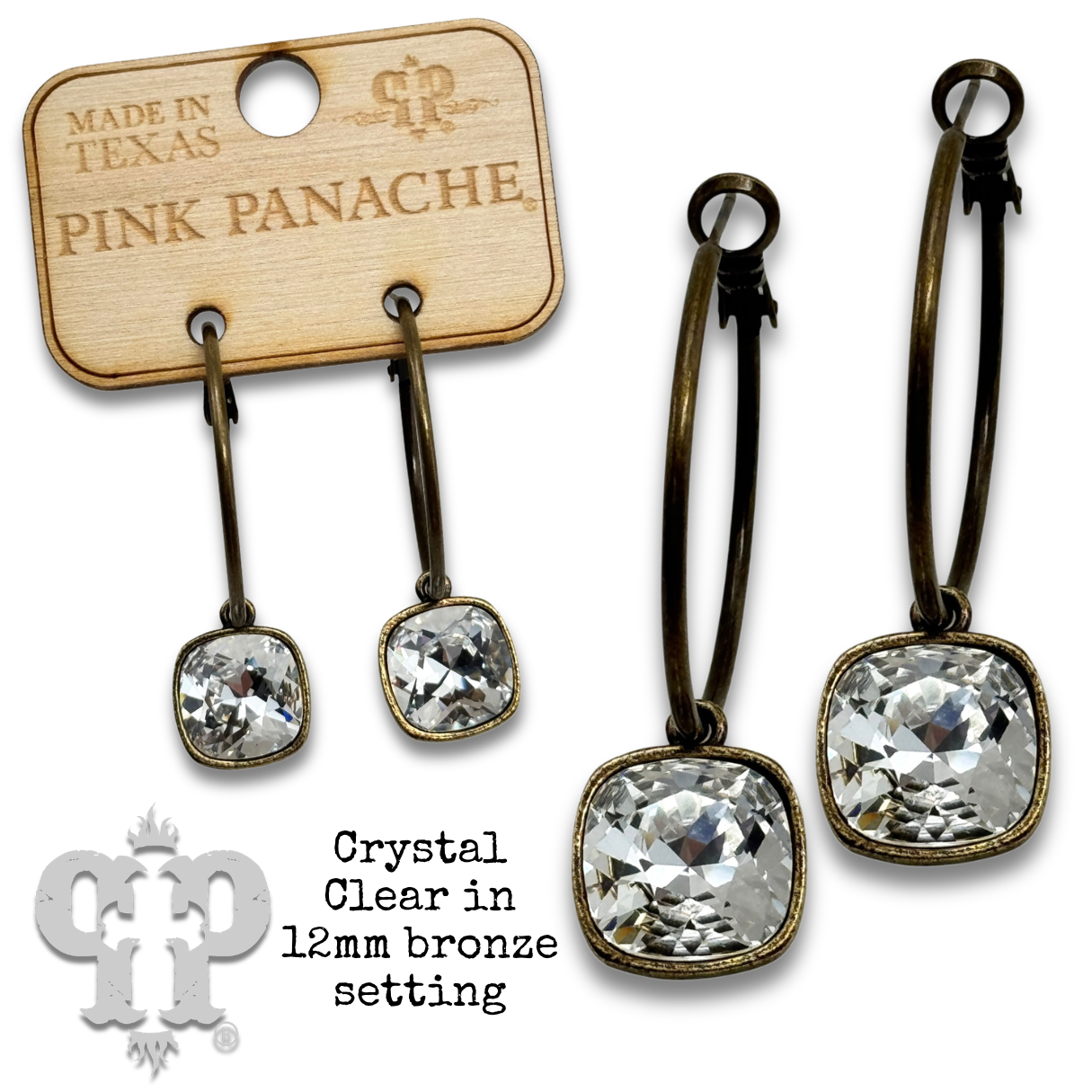 Square Austrian crystal hoop earring, 12mm: Cream / Bronze