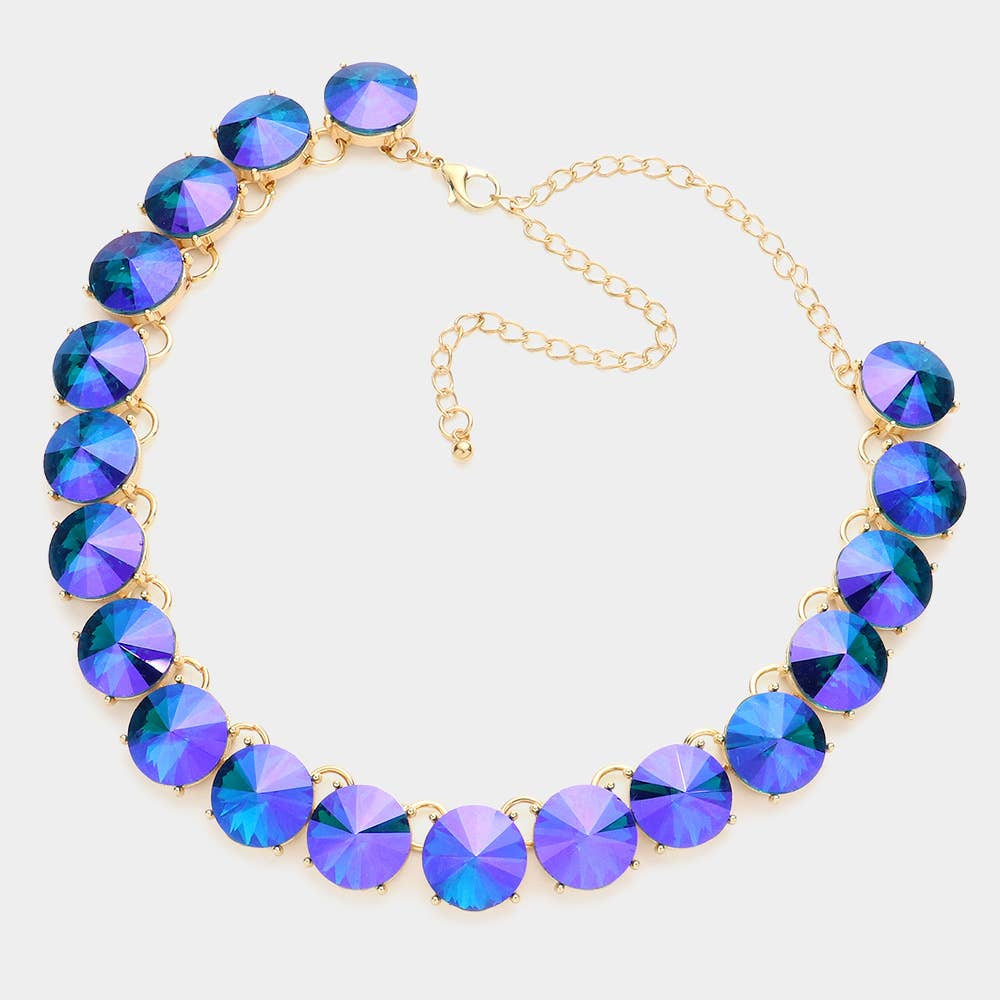 Round Stone Link Evening Necklace: AB,Silver