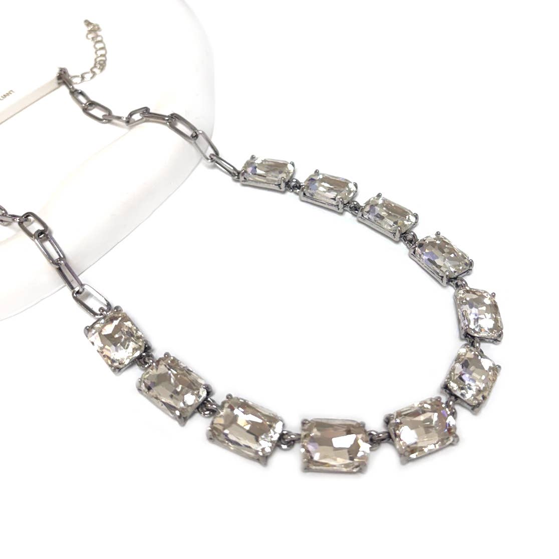 Rectangle Crystal Glass Linked Statement Chain Necklace : Neon Multi