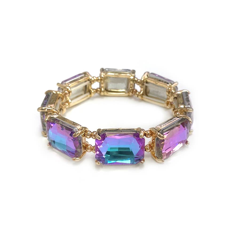 Rectangular Glass Crystal Linked Stretch Bracelet: NEON-GREEN