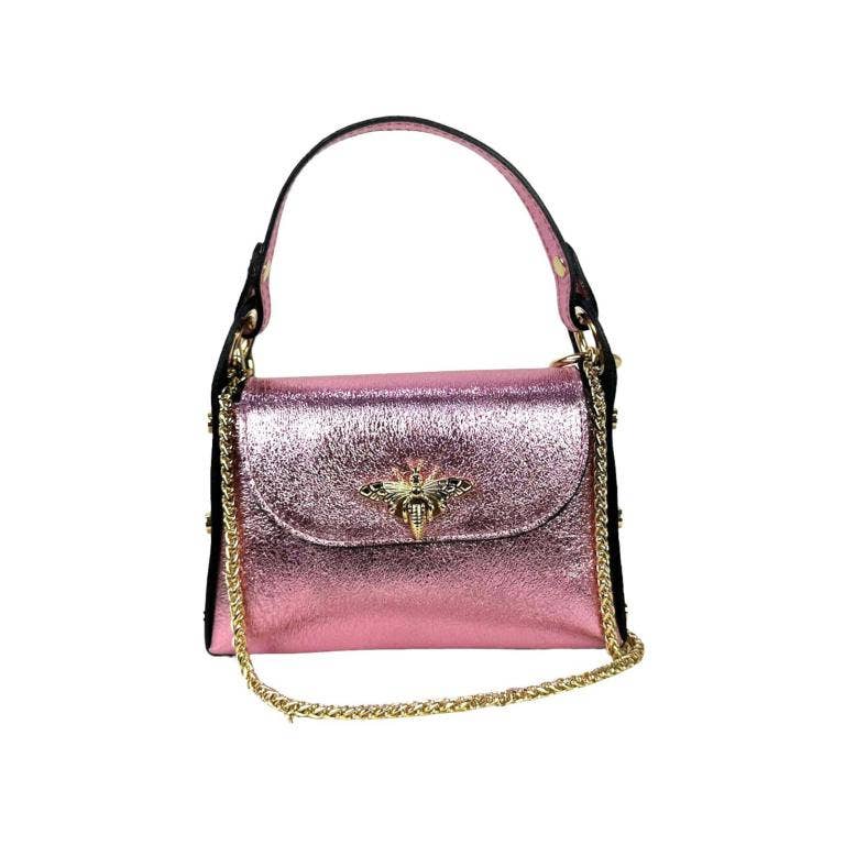 Women's Metallic Leather Compact Bag with Studs and Bee: Turquoise