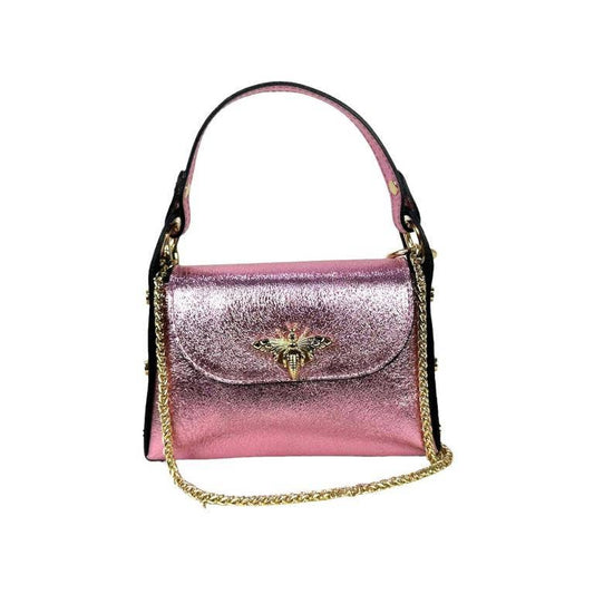 Women's Metallic Leather Compact Bag with Studs and Bee: Rose
