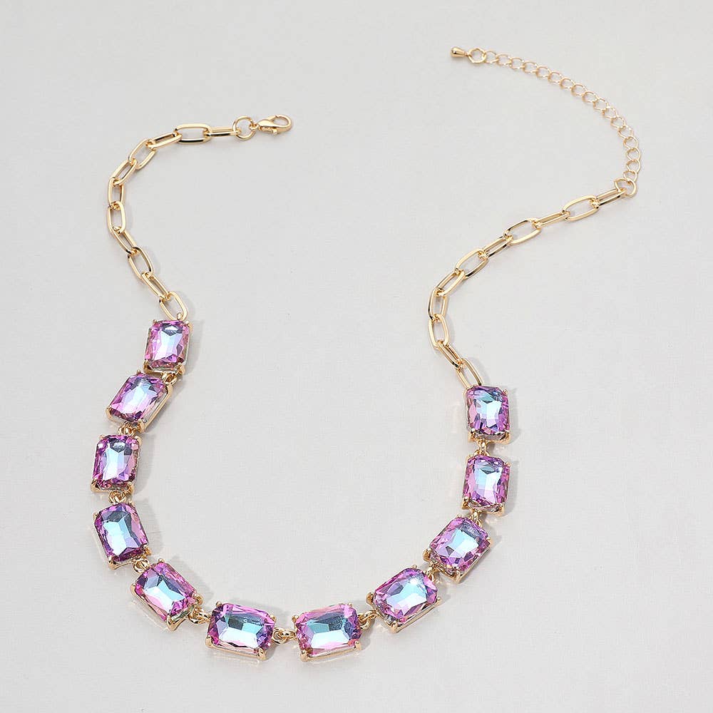Cushion Rectangular Stone Cluster Link Evening Necklace: AB,Lavender