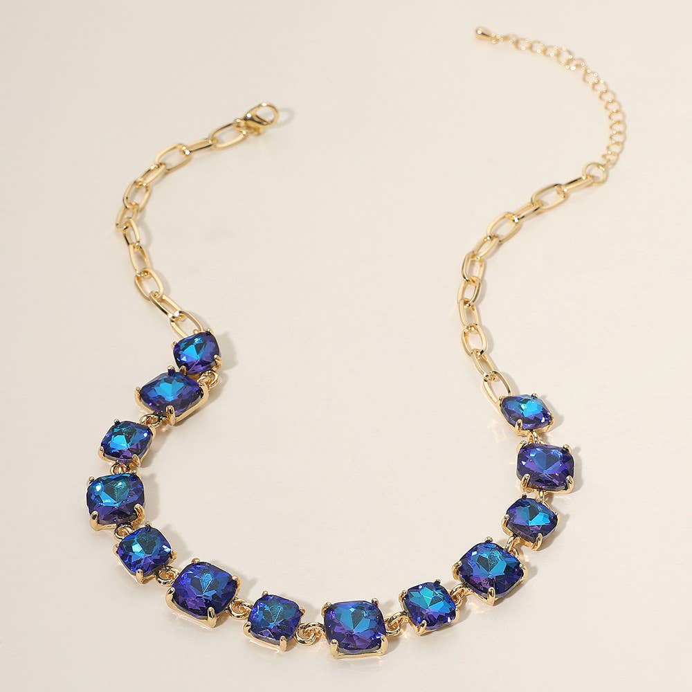 Cushion Square Stone Link Evening Necklace: AB,Blue