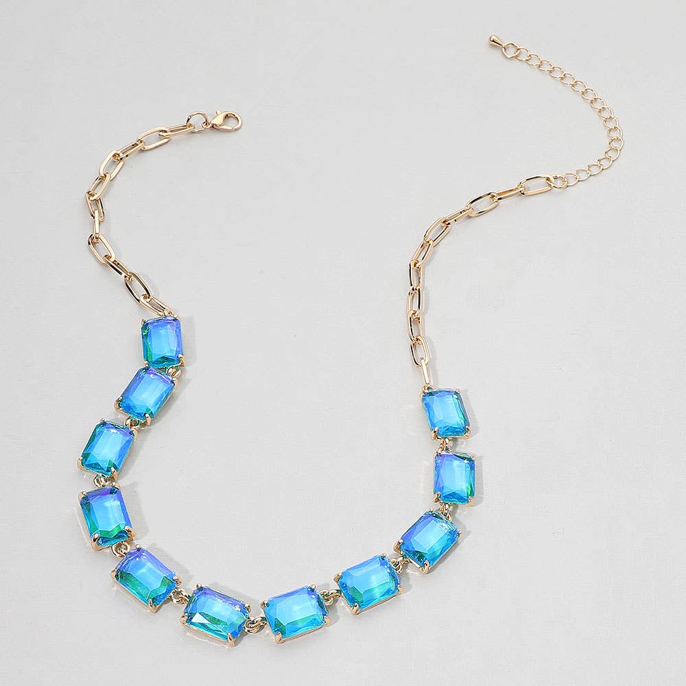 Cushion Rectangular Stone Cluster Link Evening Necklace: AB,Lavender