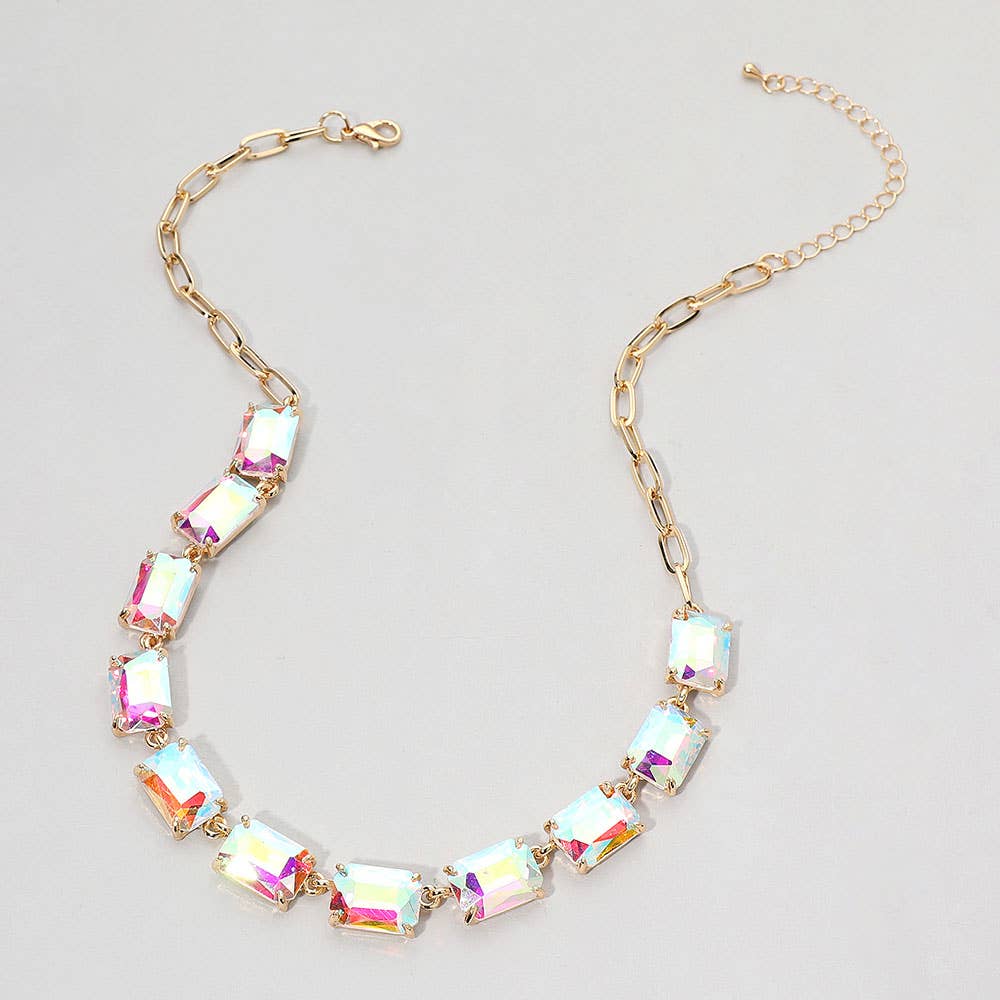 Cushion Rectangular Stone Cluster Link Evening Necklace: AB,Gold