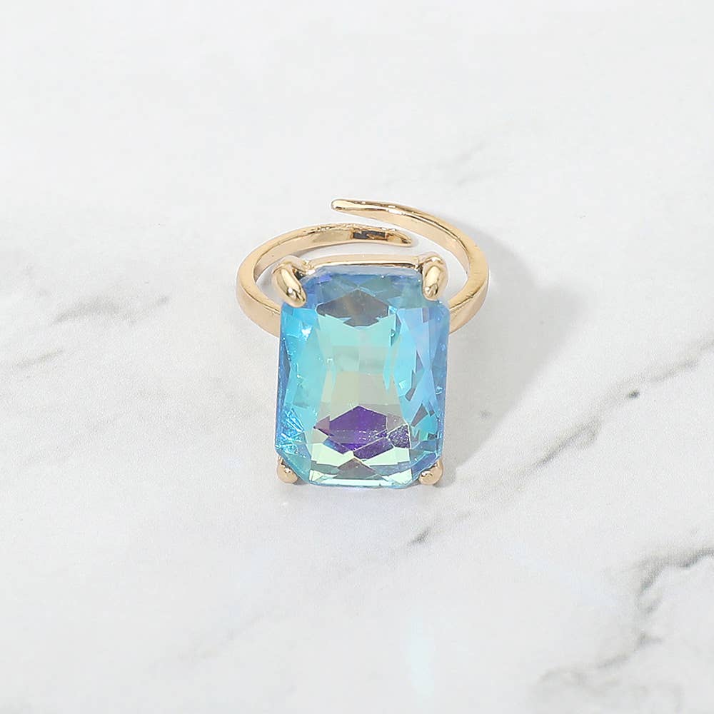 Bold Emerald Cut Stone Cluster Accent Adjustable Ring: AB,Blue
