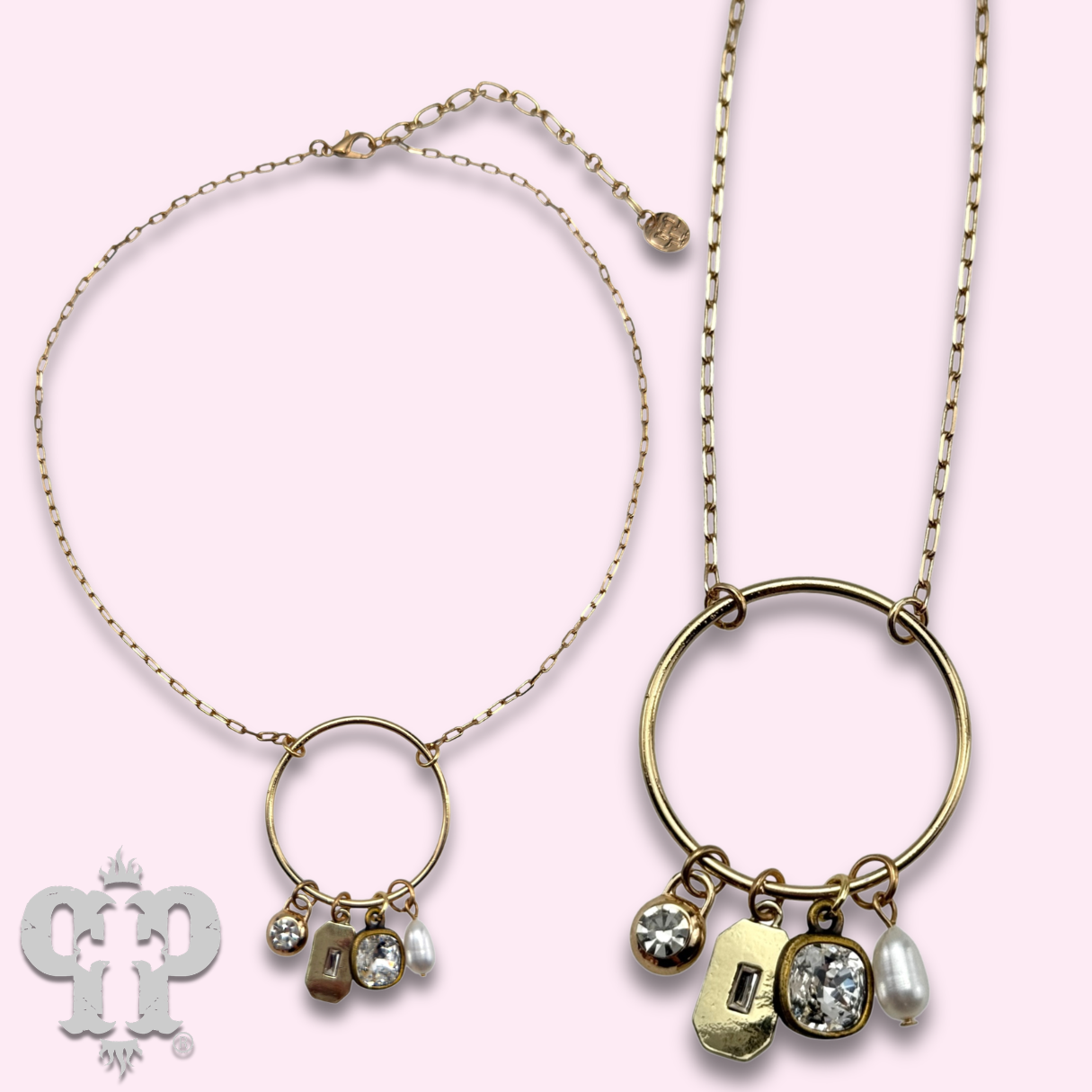 Circle charm necklace, Austrian crystal: Gold