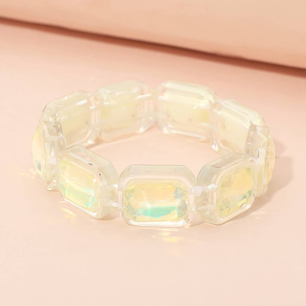 Iridescent Rectangular Resin Frame Beaded Stretch Bracelet: White