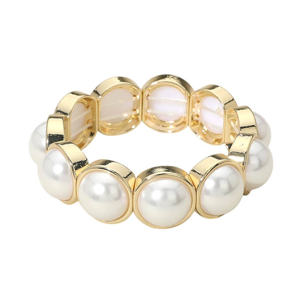 Round Pearl Bezel Beaded Stretch Bracelet