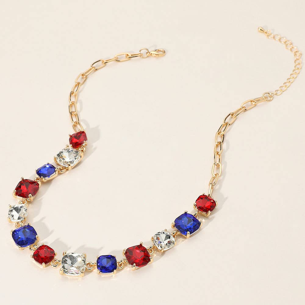 Cushion Square Stone Link Evening Necklace: AB,Pink