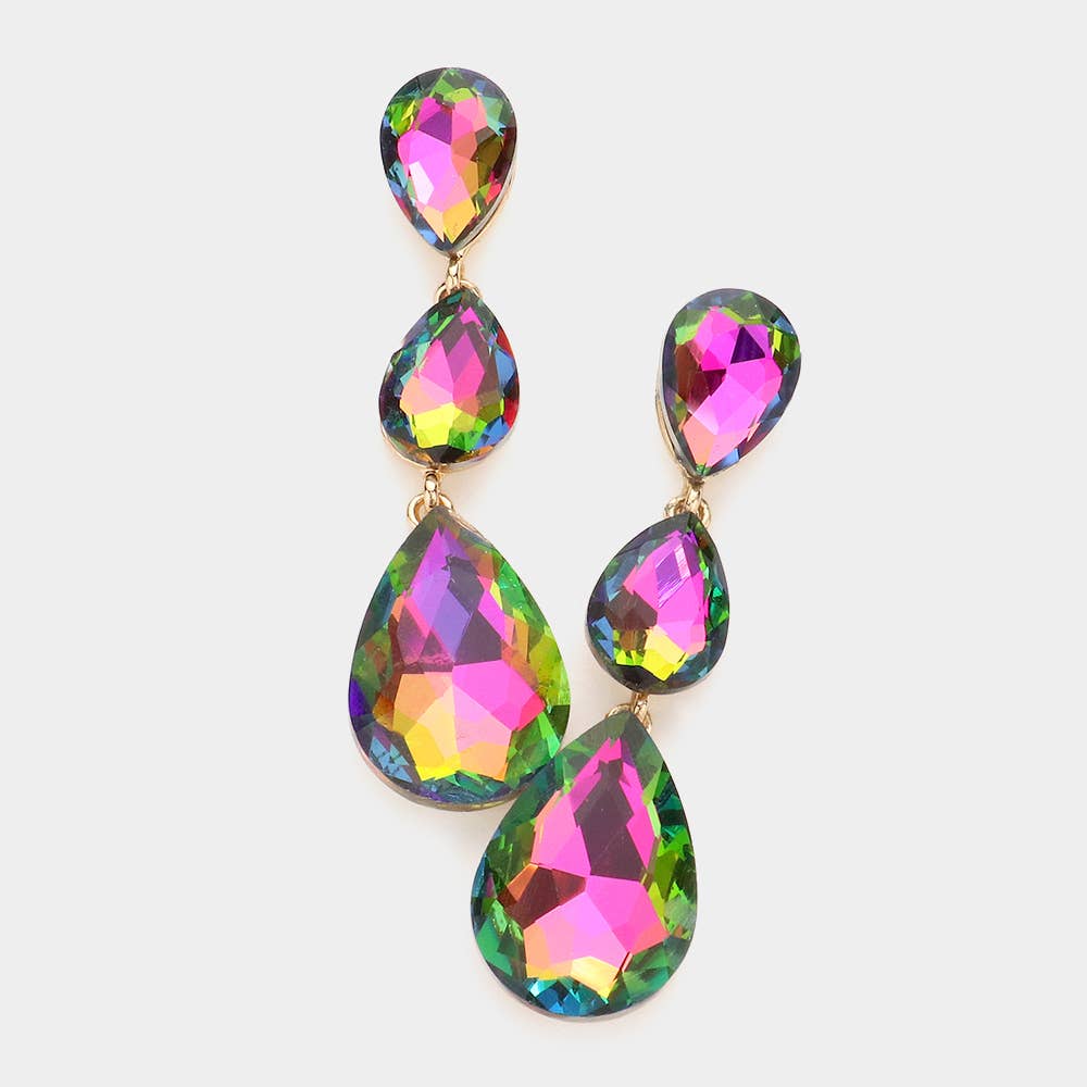 Triple Glass Crystal Teardrop Evening Earrings: AB Gold