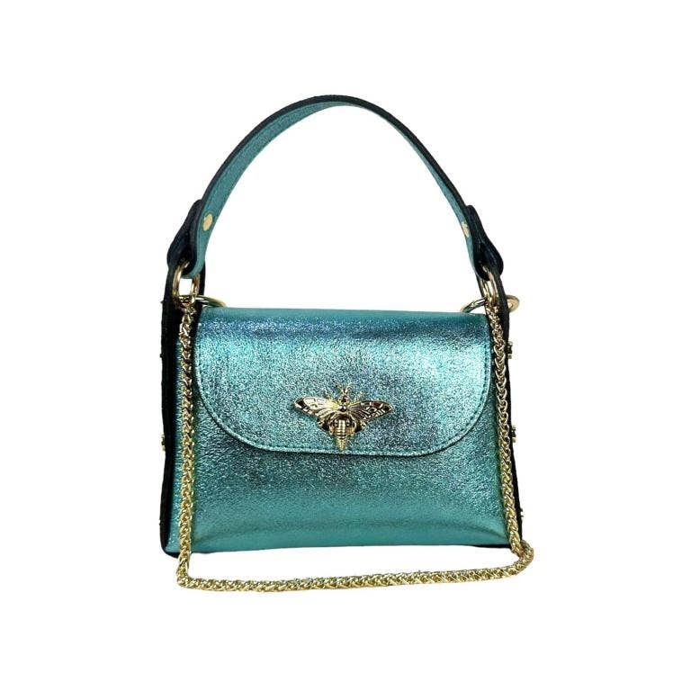 Women's Metallic Leather Compact Bag with Studs and Bee: Rose