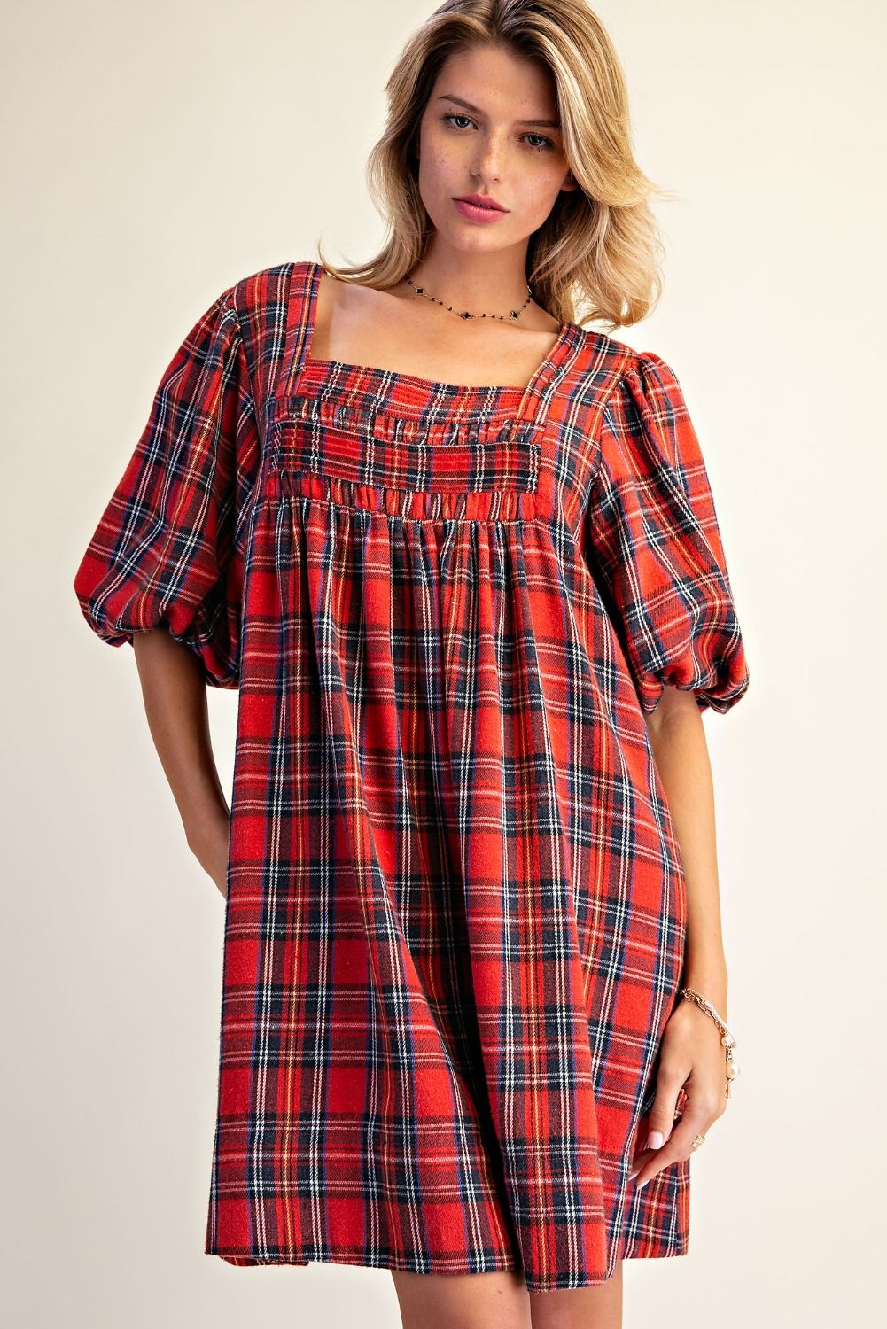 PUFF PLAID DRESS