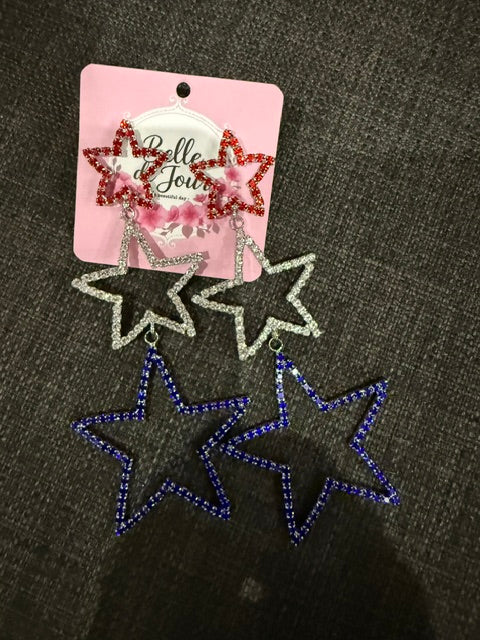 Silver Star Rhinestone Earrings - RWB