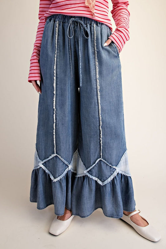 RUFFLE BOTTOM WASHED CHAMBRAY PANTS
